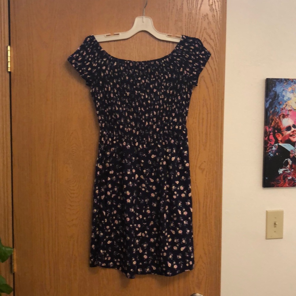 floral dark blue off the shoulders dress